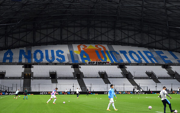 MARSEILLE, FRANCE - OCTOBER 27: General view inside the stadium ahead of the UEFA Champions League Group C stage match between Olympique de Marseille and Manchester City at Stade Velodrome on October 27, 2020 in Marseille, France. Football Stadiums around Europe remain empty due to the Coronavirus Pandemic as Government social distancing laws prohibit fans inside venues resulting in fixtures being played behind closed doors. (Photo by Alex Caparros/Getty Images)