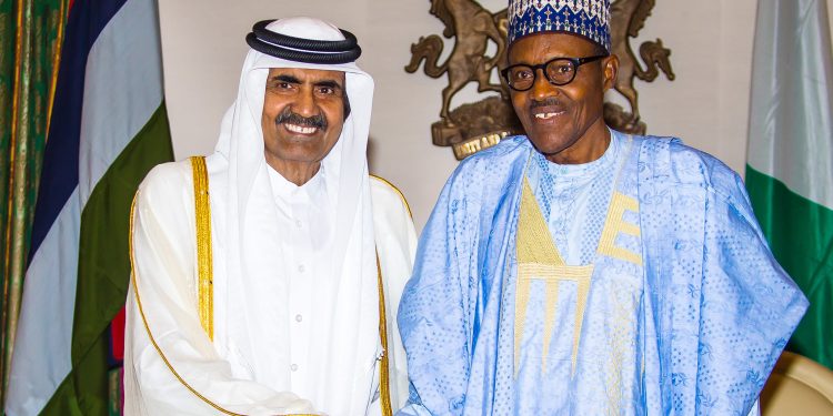 PRESIDENT BUHARI RECEIVES FATHER OF EMIR OF QATAR. 1A&B. President Muhammadu Buhari receives the Father of Emir of Qatar, Sheikh Hamad Bin Khalifa Althani during a business meeting at the State House in Abuja. PHOTO; SUNDAY AGHAEZE. MARCH 1 2018.