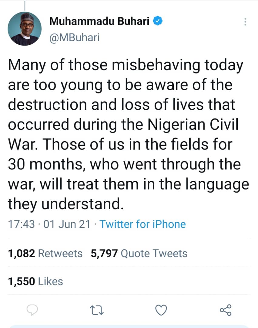 Twitter deletes Buhari’s Tweet on 'dealing with South Easterners' 