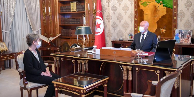 Tunisia's President Kais Saied meets with newly appointed Prime Minister Najla Bouden Romdhane, in Tunis, Tunisia September 29, 2021. Tunisian Presidency/Handout via REUTERS