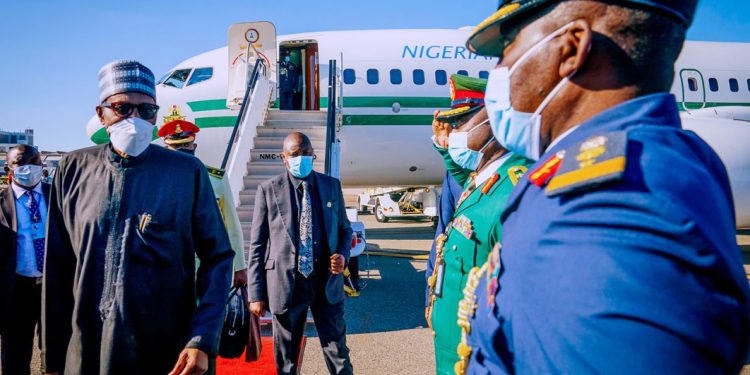 President Muhammadu Buhari (left) arrives New York for 76th Session of the United Nations General Assembly (UNGA76)…yesterday.