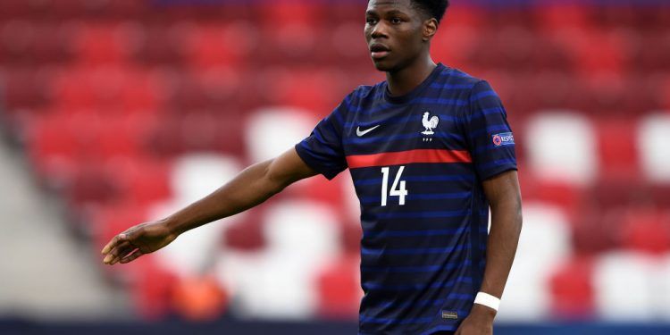 BUDAPEST, HUNGARY - MAY 31: Aurelien Tchouameni of France during the 2021 UEFA European Under-21 Championship Quarter-finals match between Netherlands and France at Bozsik Stadion on May 31, 2021 in Budapest, Hungary. (Photo by Chris Ricco - UEFA/UEFA via Getty Images)