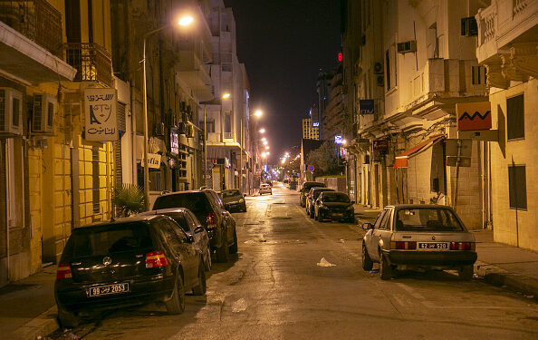 TUNIS, TUNISIA - OCTOBER 09: A street near the Avenue Habib Bourguiba remains empty after a lockdown imposed as a measure against the spread of coronavirus (COVID-19) pandemic in Tunis, Tunisia on October 09, 2020. 15 day lock-down imposed in Tunis, Aryanah, Ben Arous and Manouba. Lockdown comes to effect between 7 pm - 5 am on Saturday and Sunday, 9 pm and 5 am on weekdays. (Photo by Yassine Gaidi/Anadolu Agency via Getty Images)