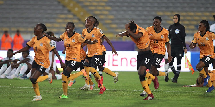 Zambia players celebrate victory during the 2022 Women's Africa Cup of Nations Quarterfinal match between Zambia and Senegal at Mohammed V Complex in Casablanca, Morocco on 13 July 2022 ©Weam Mostafa/BackpagePix