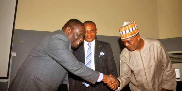 L-R: Administrator National Judicial Institute (NJI) Justice Salisu Abdullahi, Barrister Chris Ugwuala of Ethic and Corporate Compliance Institute of Nigeria and Senior Judicial Correspondent Africa Independent Television (AIT) Abuja,  Afe Afemike at the day 2 Workshop for Judiciary Correspondents in Abuja Tuesday   Photo: Ajibola Abioye