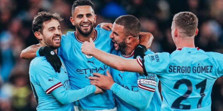 Riyad Mahrez leads Manchester City teammates in celebration