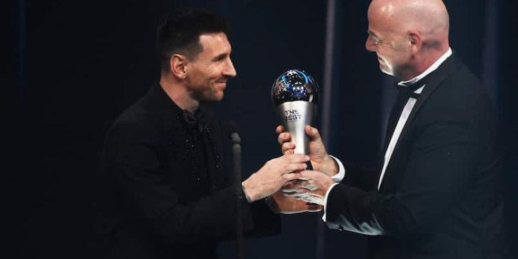 Lionel Messi receives 2023 FIFA best award from President Gianni Infantino on Monday night | AFP