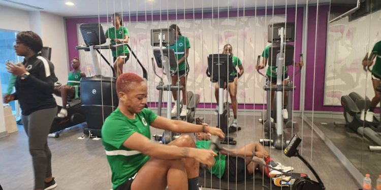 Super Falcons’ players in recovery session at the hotel gym in Leon | PHOTO: NFF