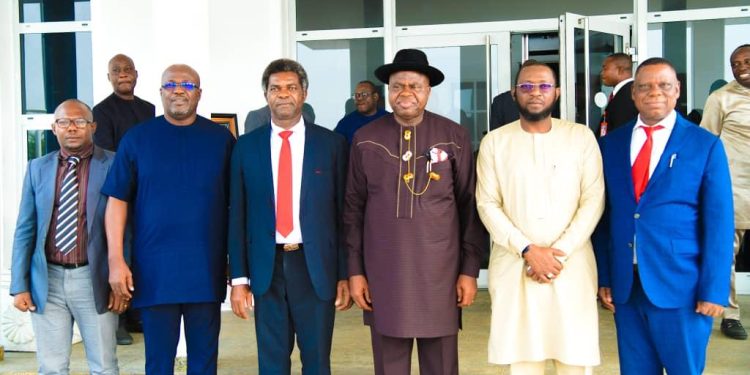 Executive Commissioner, Nigeria Upstream Petroleum Regulatory Commission, Capt. John Tonlagha (left) and Bayelsa State Governor, Senator Douye Diri, during the courtesy visit of the NUPRC delegation to Government House, Yenagoa