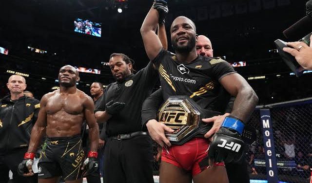 Leon Edwards celebrates victory over Kamaru  Usman | PHOTO: Josh Hedges/Zuffa LLC