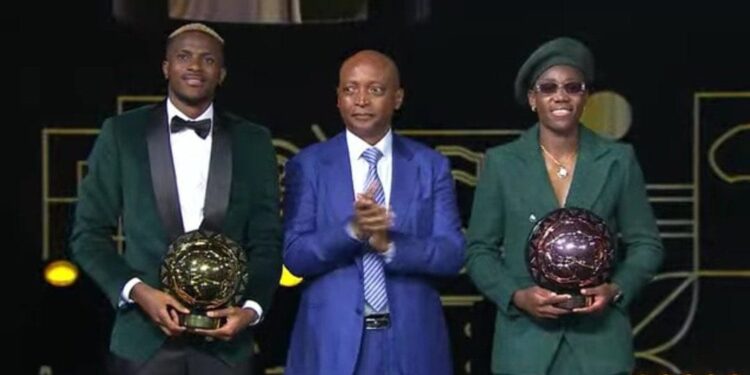 CAF President in group photo session with Victor Osimhen and Asisat Oshoala after both won best African player awards