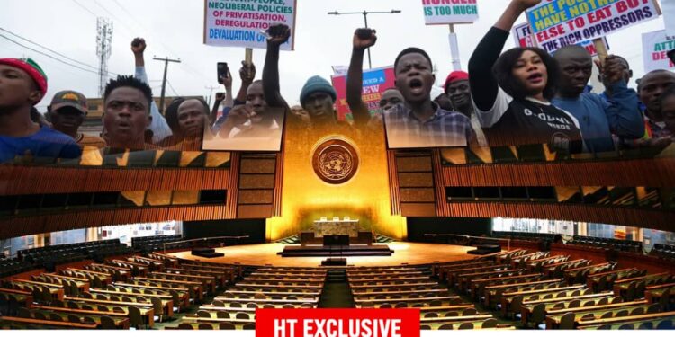 Combo picture of protesters and UNGA meeting hall