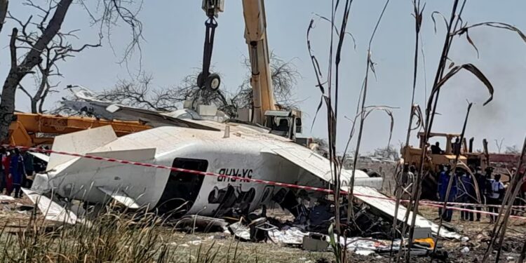 The wreckage of a plane that crashed, killing people as it was heading to the capital Juba, at the Unity oilfield airport, Unity State, South Sudan, January 29, 2025