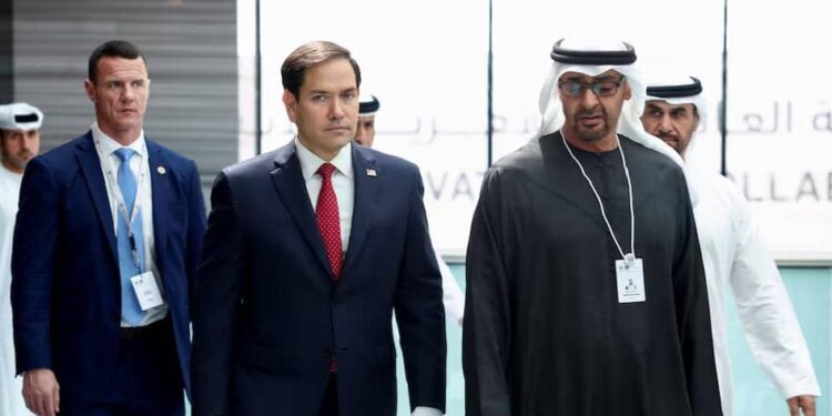 U.S. Secretary of State Marco Rubio walks with United Arab Emirates President Sheikh Mohamed bin Zayed Al Nahyan as they meet at ADNEC Centre Abu Dhabi in Abu Dhabi, United Arab Emirates, February 19, 2025. REUTERS/Evelyn Hockstein