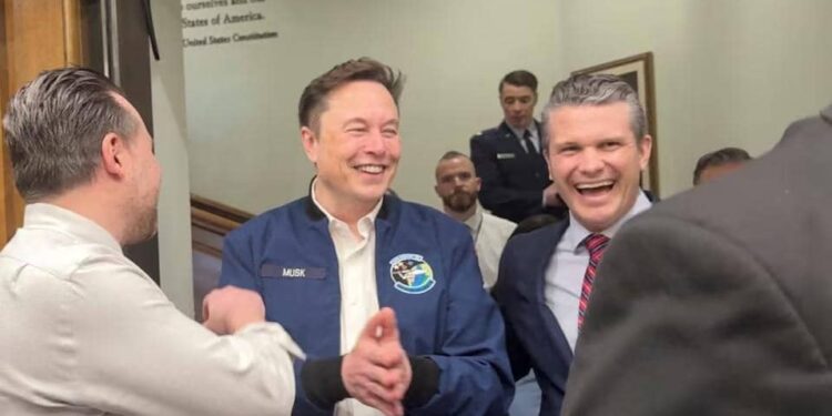 Elon Musk and U.S. Defence Secretary Pete Hegseth at the Pentagon in Washington, D.C., U.S., March 21, 2025